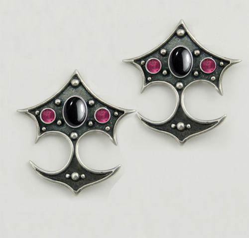 Sterling Silver Gothic Drop Dangle Earrings With Hematite And Pink Tourmaline